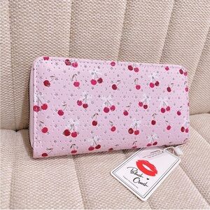 NEW Cute Pink Cherry and Bow Glitter Stars‎ Long Zip Around Wallet Coquette